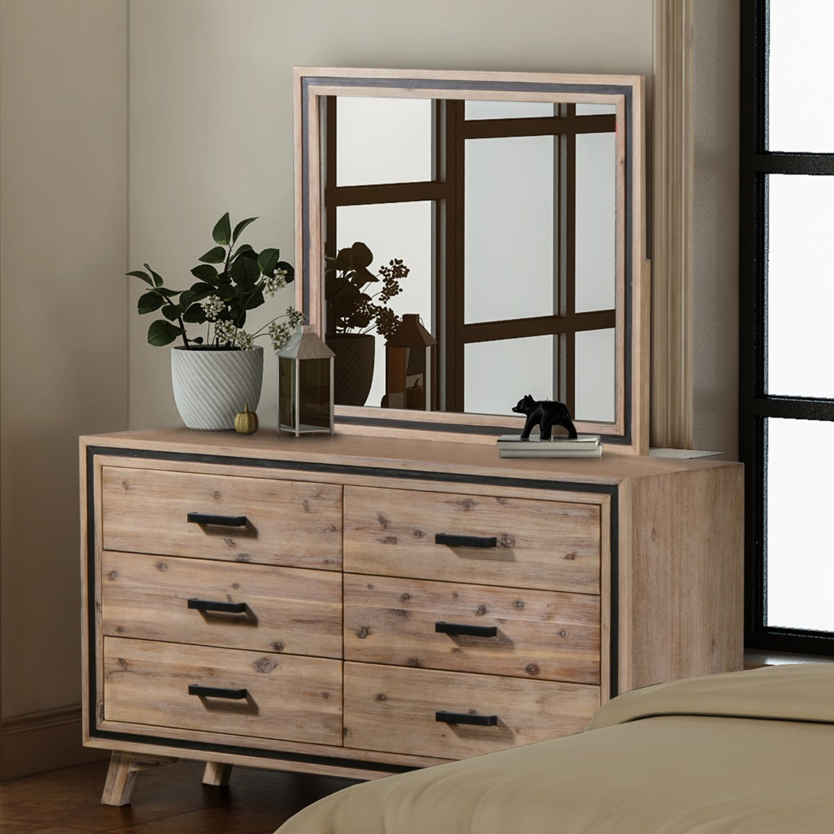 Dresser With 6 Storage Drawers In Solid Acacia With Mirror In Silver Brush