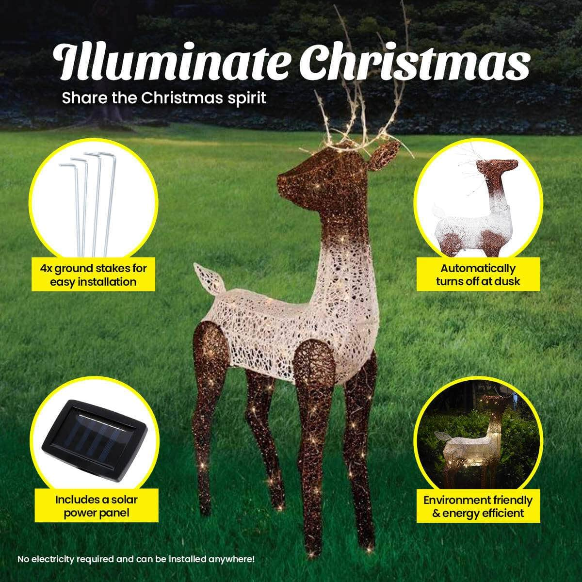 1.2m Reindeer Glitter Wire Solar LED Warm White Auto Sensor