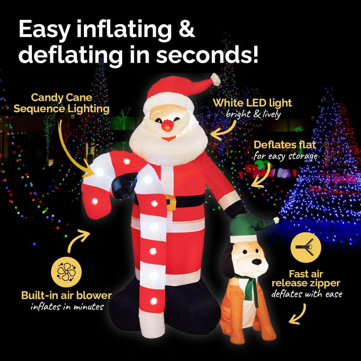 1.7m Self Inflatable LED Santa Dog & Candy Cane