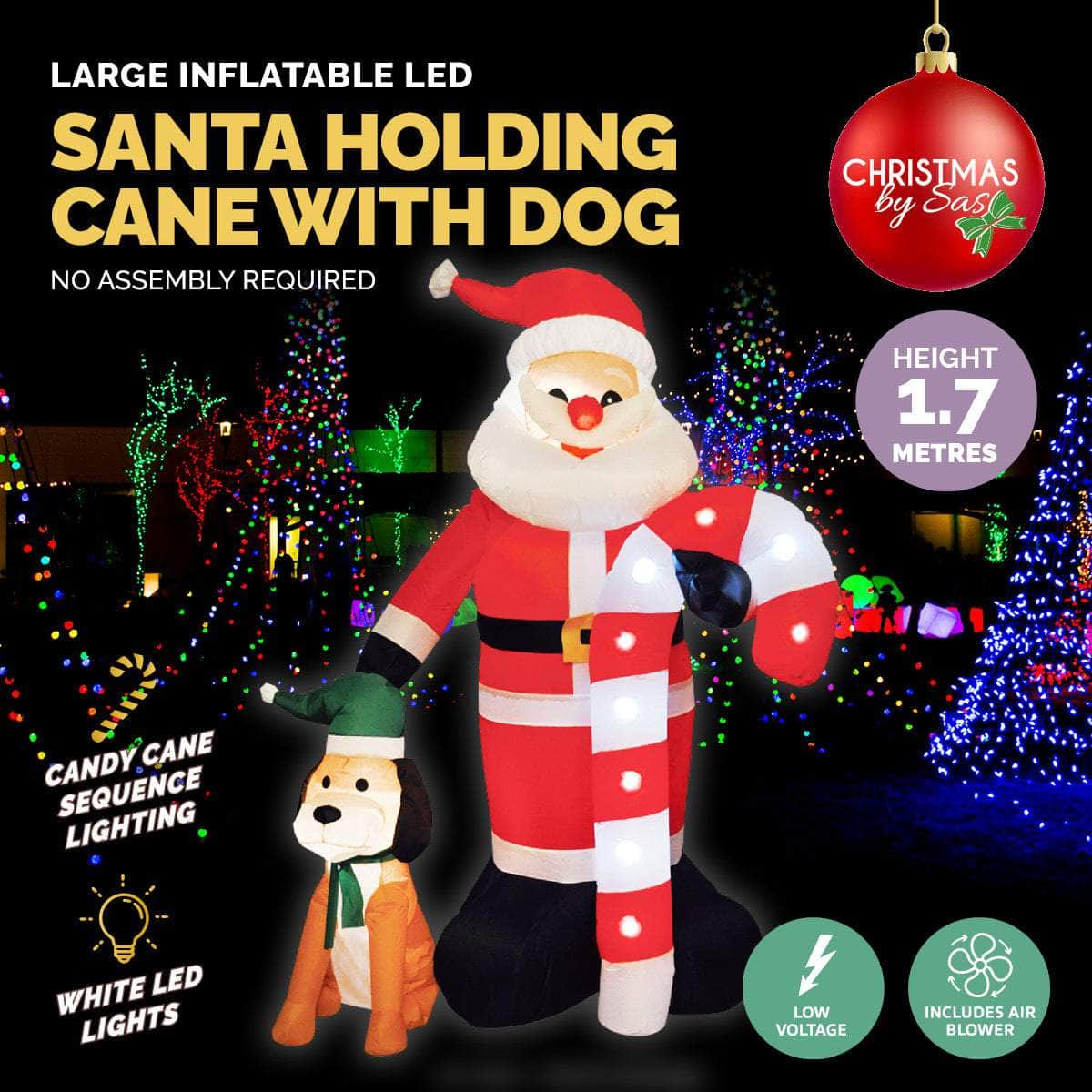 1.7m Self Inflatable LED Santa Dog & Candy Cane