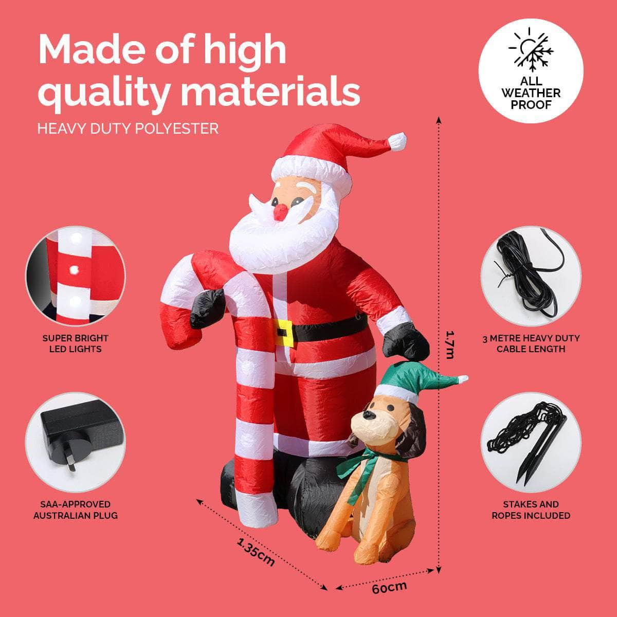 1.7m Self Inflatable LED Santa Dog & Candy Cane