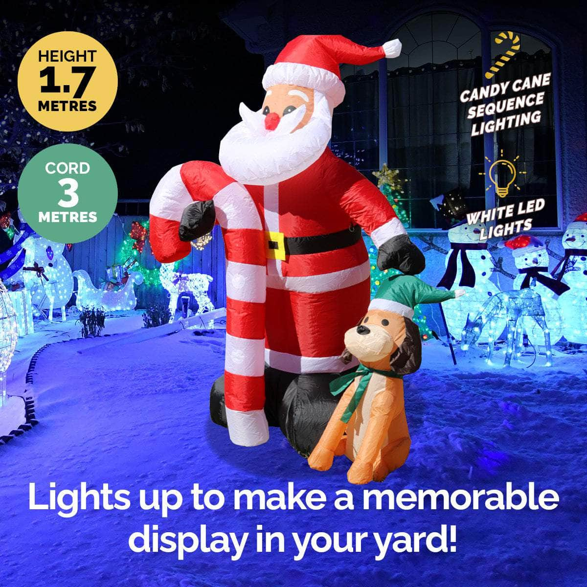 1.7m Self Inflatable LED Santa Dog & Candy Cane