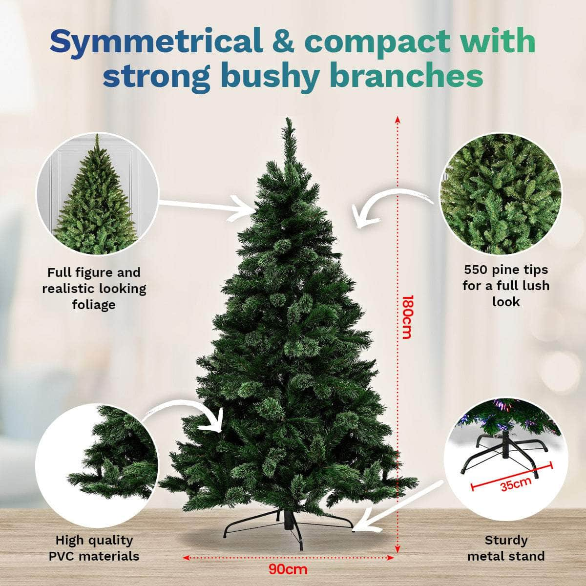 1.8m Pine Christmas Tree 550 Tips Full Figured Easy Assembly