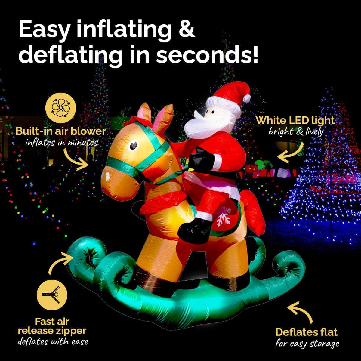 1.8m Self Inflatable LED Santa On Rocking Horse