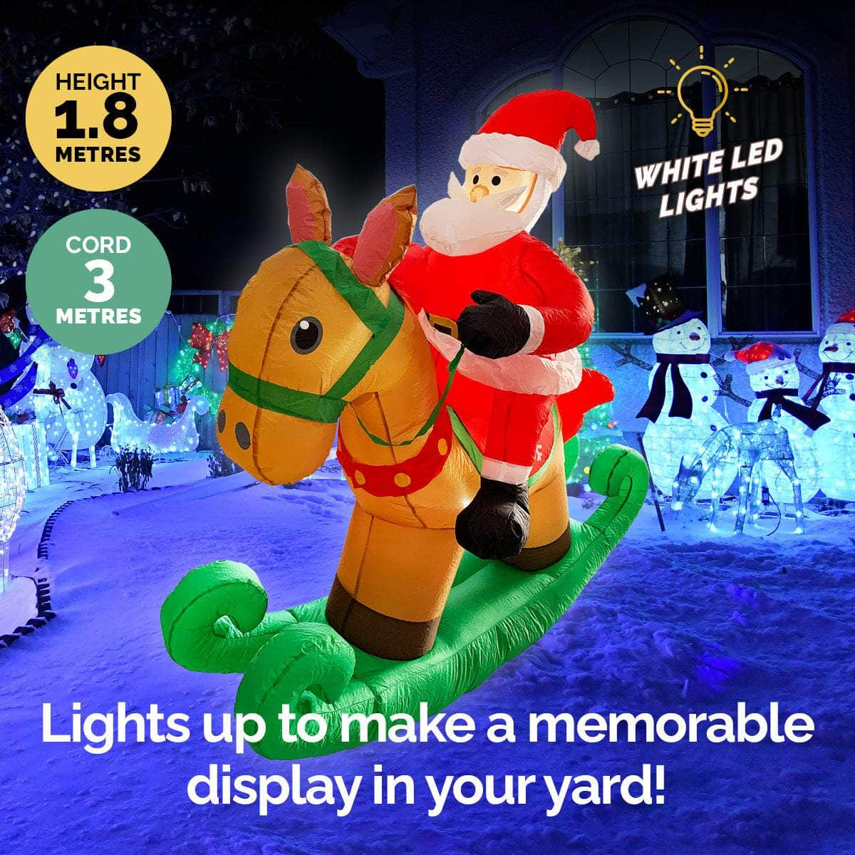 1.8m Self Inflatable LED Santa On Rocking Horse