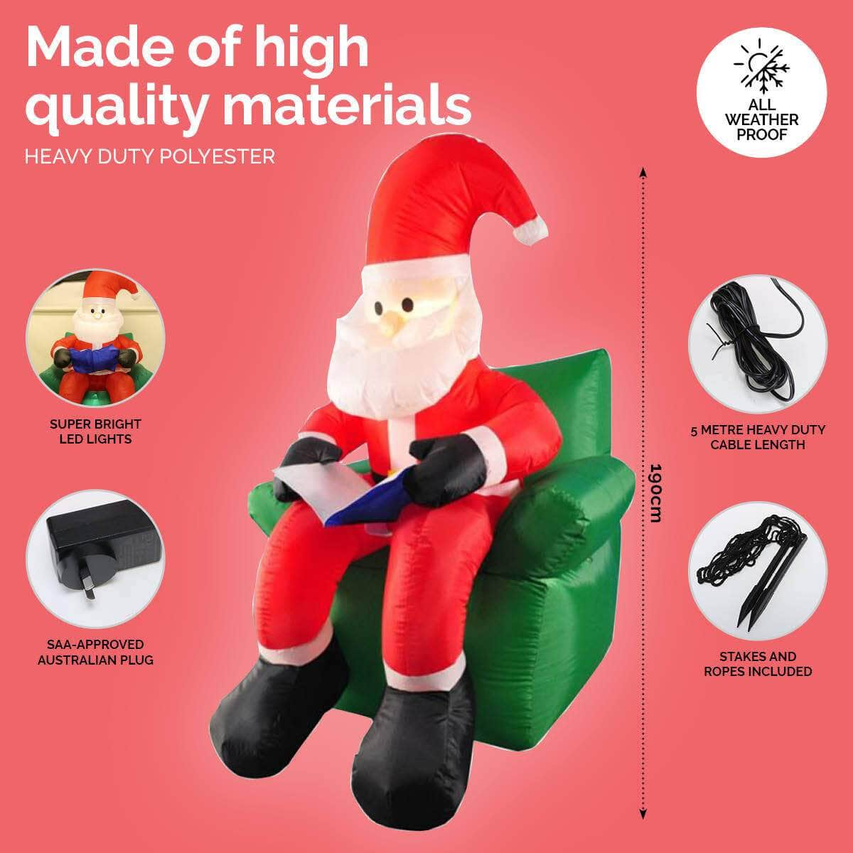 1.9m Santa & His Reading Chair Self Inflating LED Lighting