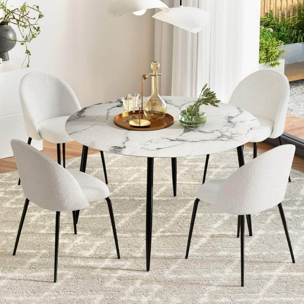 1 Dining Table And 4 Chairs Set Marble White