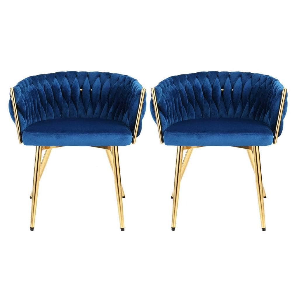 1 Set Of 2 Dining Chairs Velvet Weaving Armchair Blue