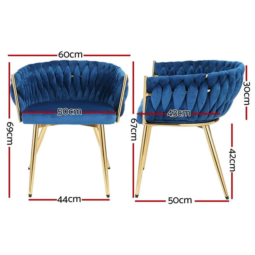 1 Set Of 2 Dining Chairs Velvet Weaving Armchair Blue