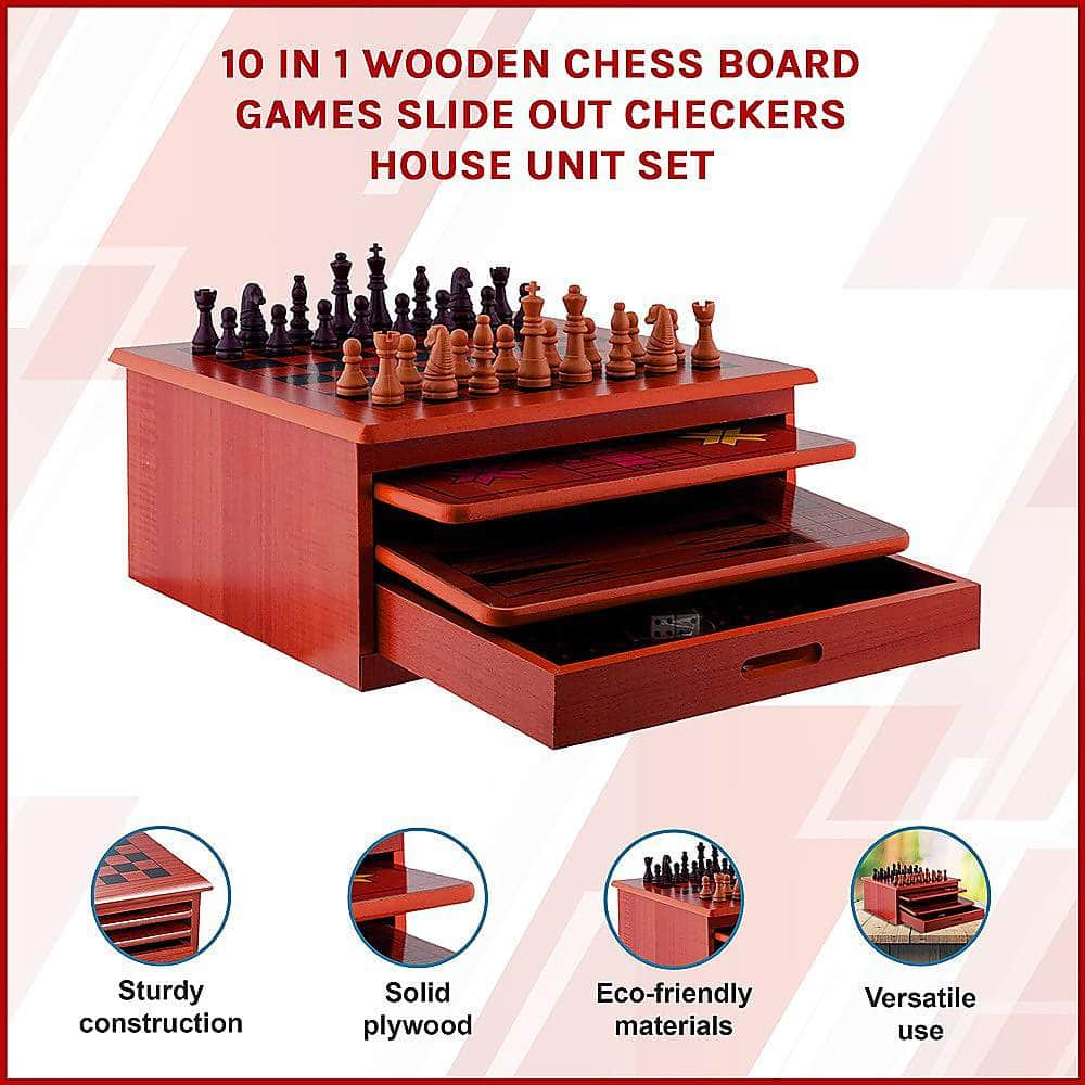 10 In 1 Wooden Chess Board Games Slide Out Checkers House Unit Set