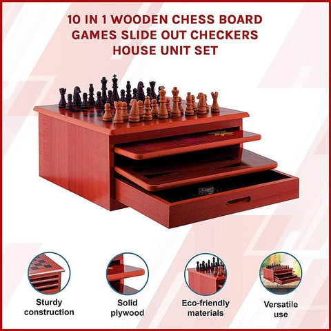 10 in 1 Wooden Chess Board Games Slide Out Checkers House Unit Set