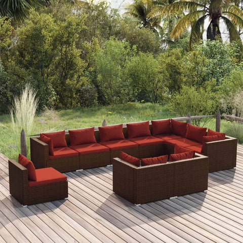 10 Piece Brown Garden Lounge Set with Cushions Poly Rattan