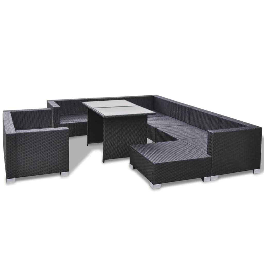 10 Piece Garden Lounge Set with Cushions Poly Rattan Black