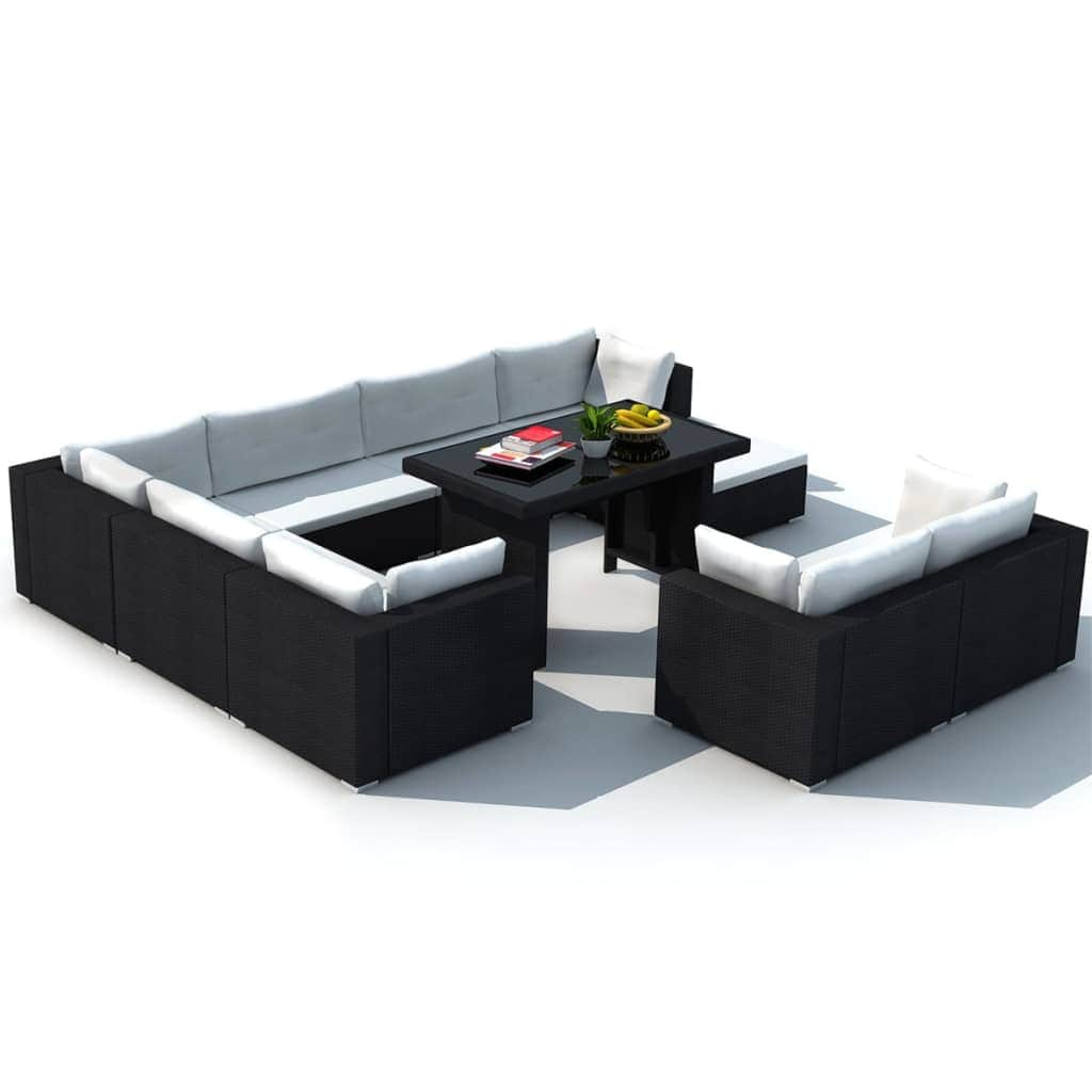 10 Piece Garden Lounge Set with Cushions Poly Rattan Black