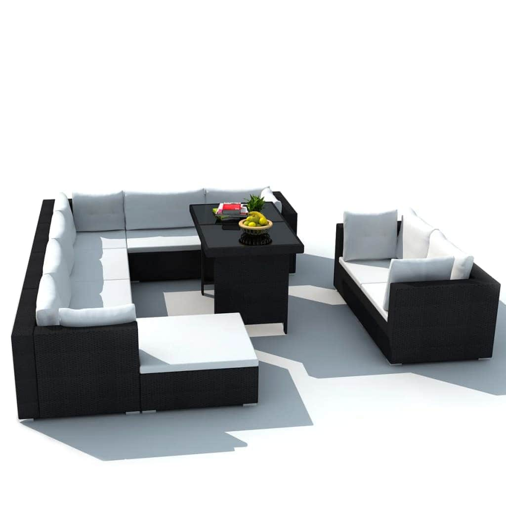 10 Piece Garden Lounge Set with Cushions Poly Rattan Black