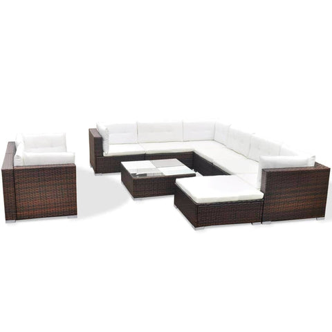 10 Piece Garden Lounge Set with Cushions Poly Rattan Brown