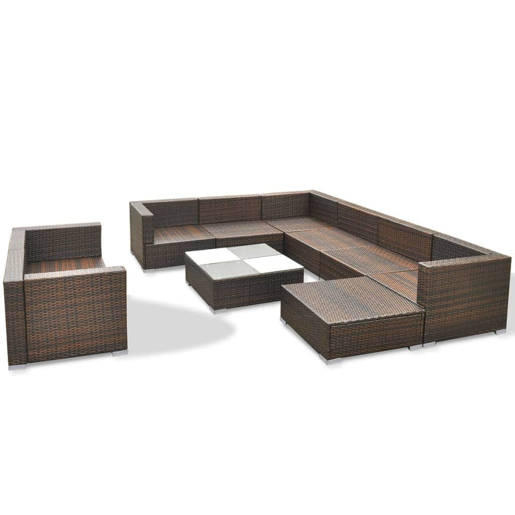 10 Piece Garden Lounge Set with Cushions Poly Rattan Brown