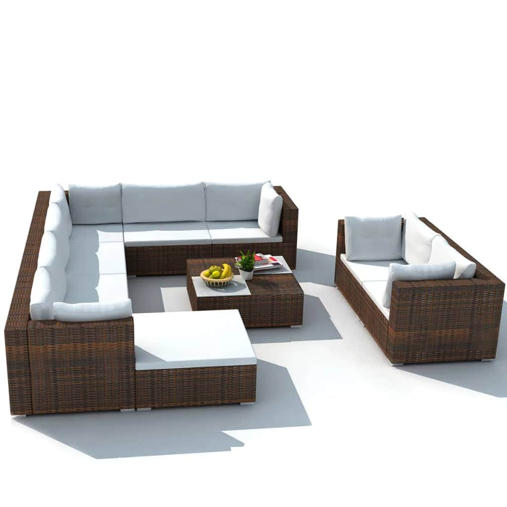 10 Piece Garden Lounge Set with Cushions Poly Rattan Brown