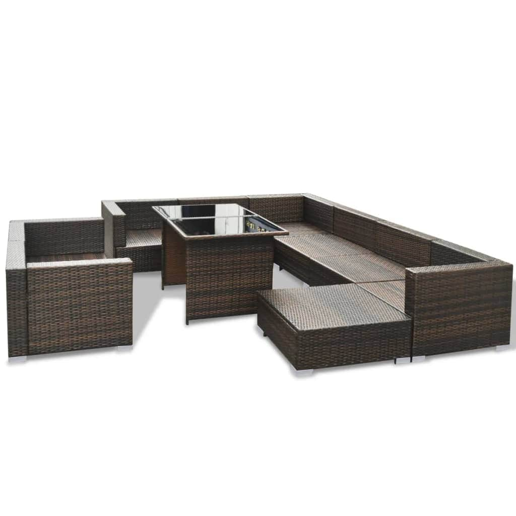 10 Piece Garden Lounge Set with Cushions Poly Rattan Brown