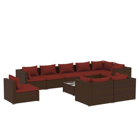 10 Piece Garden Lounge Set with Cushions Poly Rattan Brown