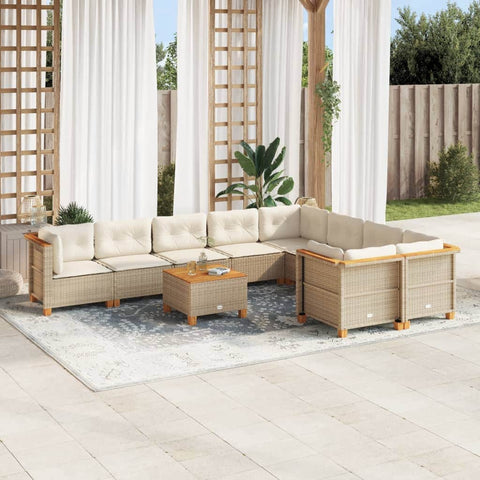 10 Piece Garden Sofa Set with Cushions Beige - Poly Rattan