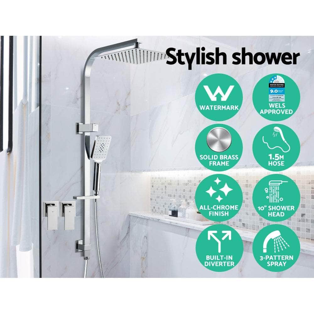 10'' Rain Shower Head Set Handheld Square High Pressure Twins Tap Chrome