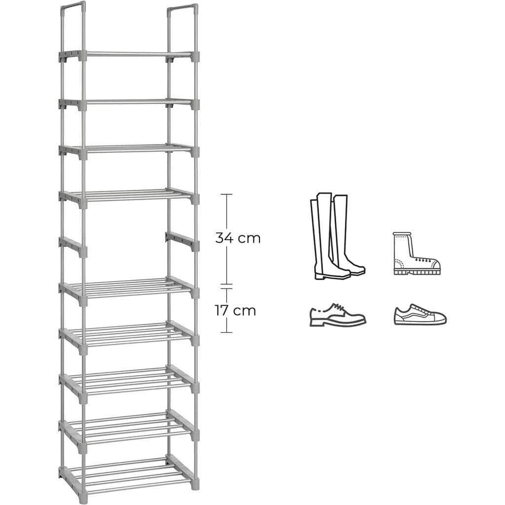 10-Tier Metal Shoe Rack Customizable Design Grey