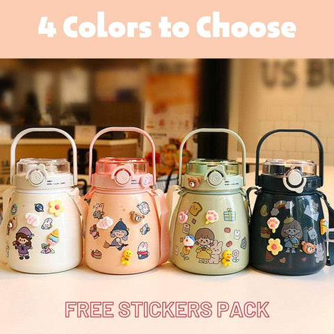 1000Ml Large Water Bottle Stainless Steel Straw Water Jug With Free Sticker Packs