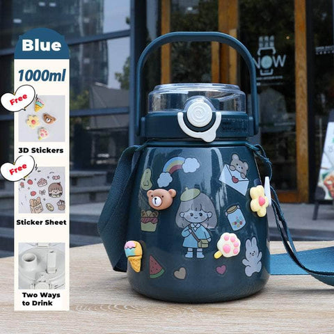 1000Ml Large Water Bottle Stainless Steel Straw Water Jug With Free Sticker Packs