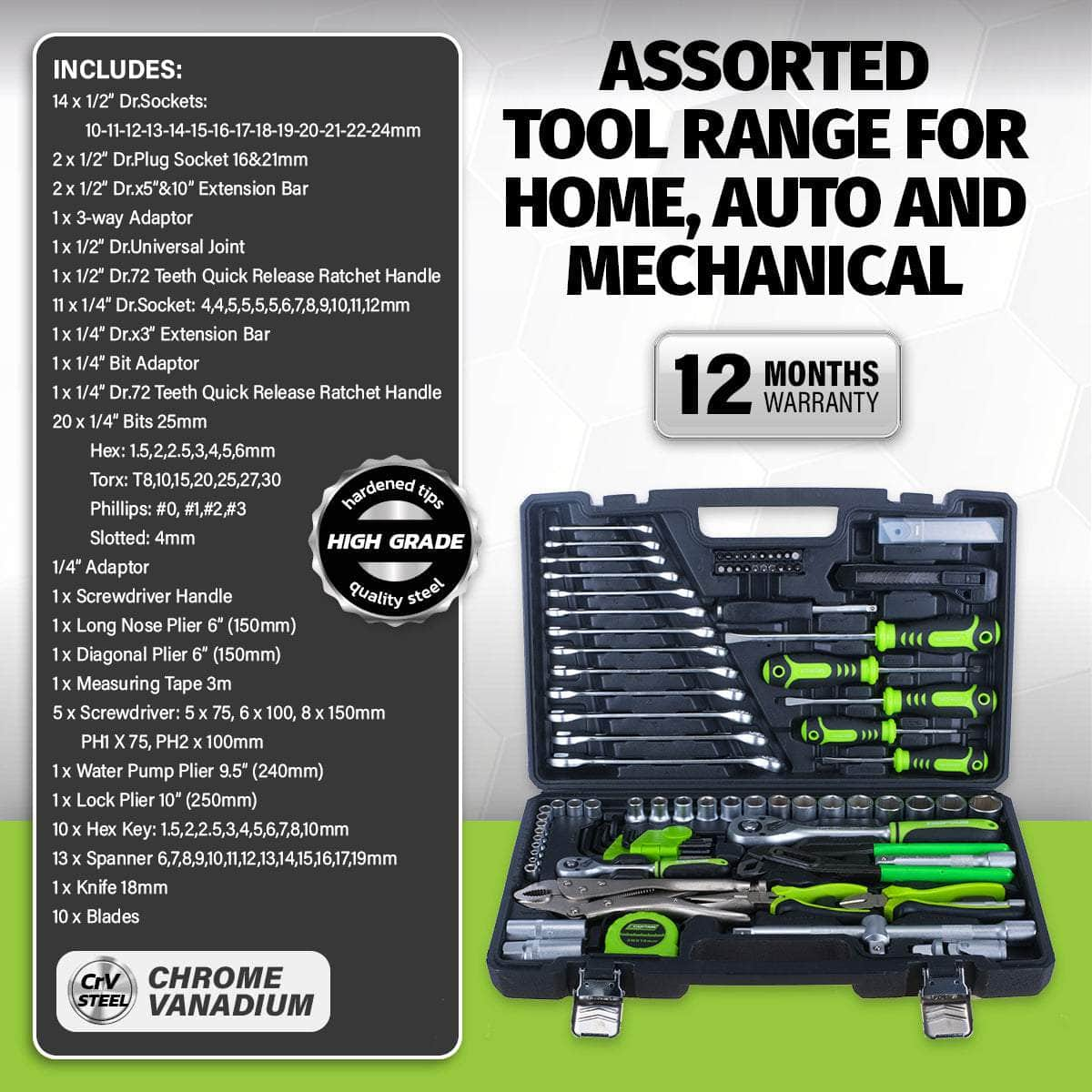 100PCE Home Auto Premium Quality Tool Set Case Chrome Vanadium Steel