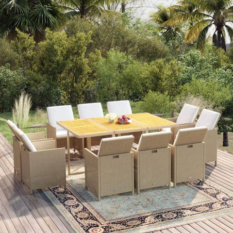 11 Pcs Garden Dining Set with Cushions Poly Rattan Beige