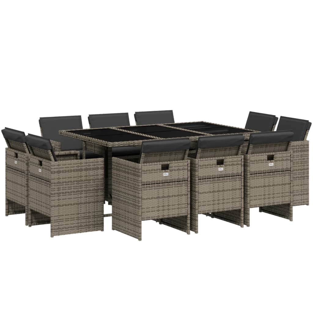 11-Piece Garden Dining Set with Cushions Grey Poly Rattan