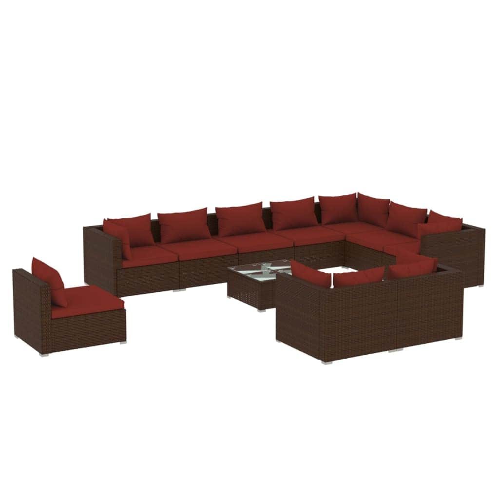 11 Piece Garden Lounge Set Brown with Cushions Poly Rattan