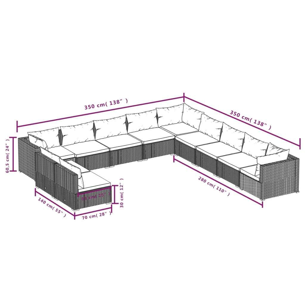 11 Piece Garden Lounge Set Grey with Cushions Poly Rattan