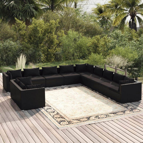 11 Piece Garden Lounge Set with Cushions Black Poly Rattan