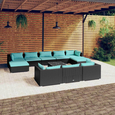 11 Piece Garden Lounge Set with Cushions Poly Rattan Black