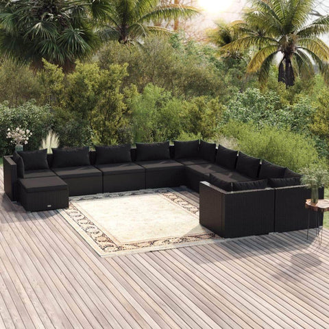 11 Piece Garden Lounge Set with Cushions Poly Rattan Black