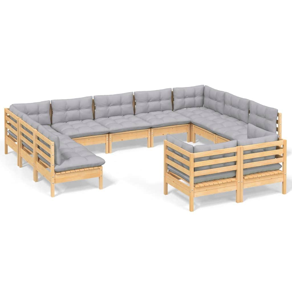 11 Piece Garden Outdoor Lounge Set With Grey Cushions Solid Pinewood