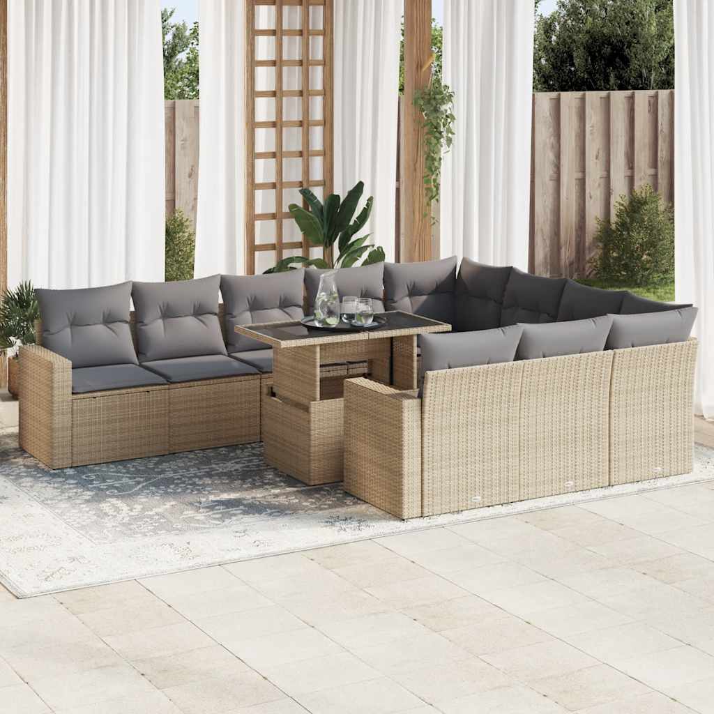 11 Piece Garden Sofa Set with Cushions Beige Poly Rattan - Outdoor Comfort