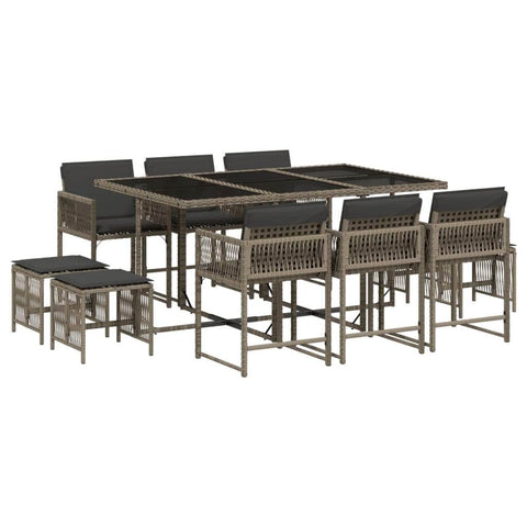 11-Piece Grey Poly Rattan Outdoor Dining Set with Plush Cushions