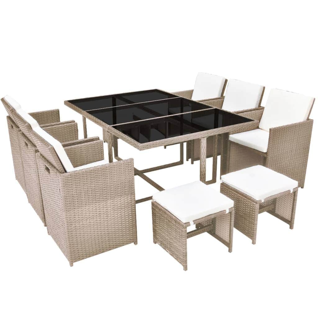 11 Piece Outdoor Dining Set with Cushions Poly Rattan Beige