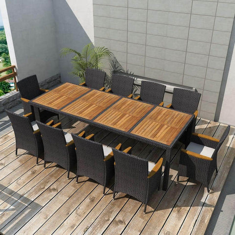 11 Piece Outdoor Dining Set with Cushions Poly Rattan Black