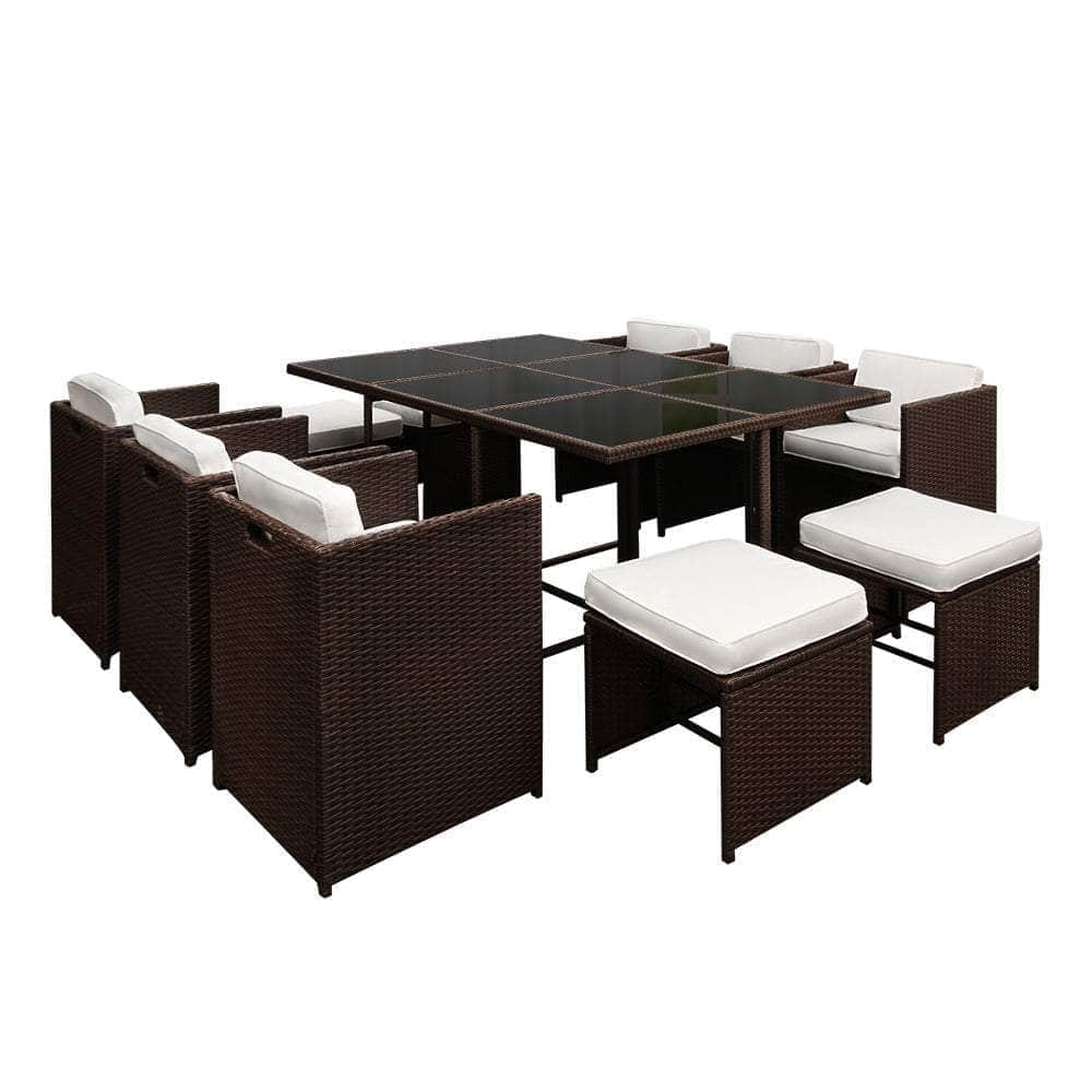 11 Piece PE Wicker Outdoor Dining Set - Brown & White