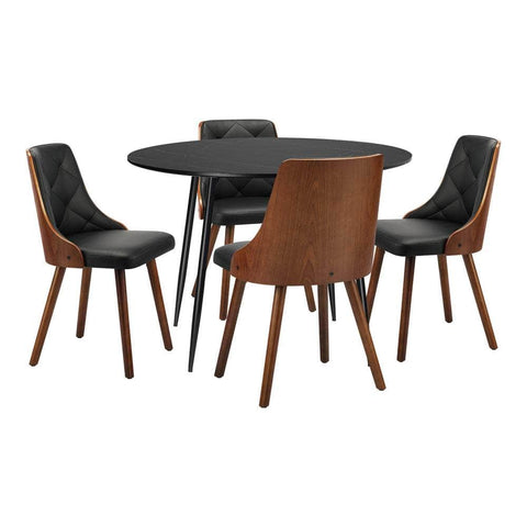 110cm Round Dining Table, 4 Chairs Leather Black/Linen Grey