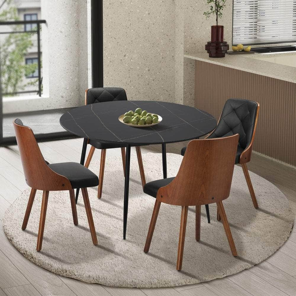 110cm Round Dining Table, 4 Chairs Leather Black/Linen Grey