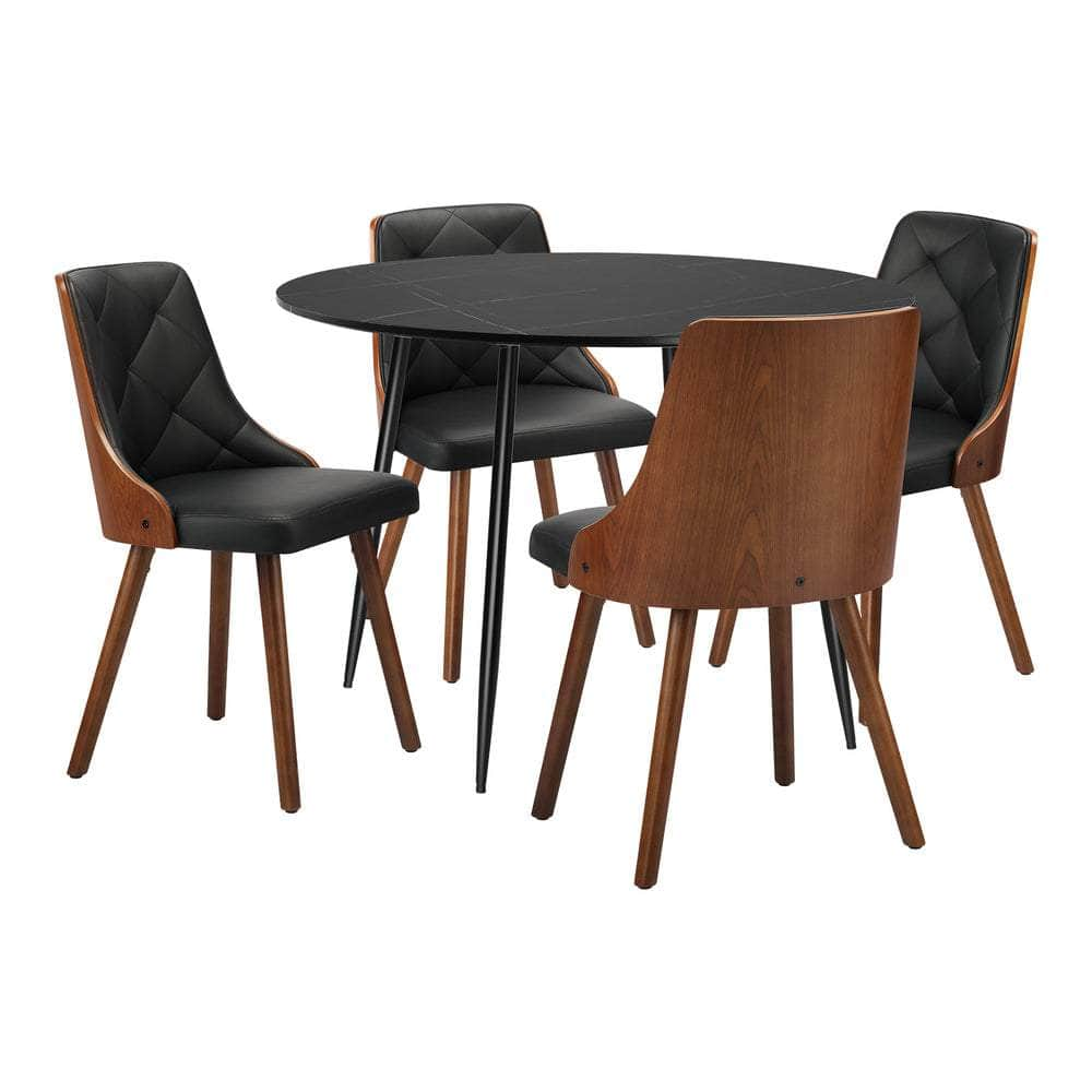 110cm Round Dining Table, 4 Chairs Leather Black/Linen Grey