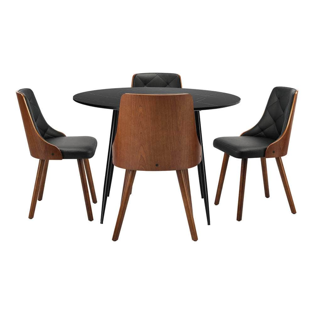 110cm Round Dining Table, 4 Chairs Leather Black/Linen Grey