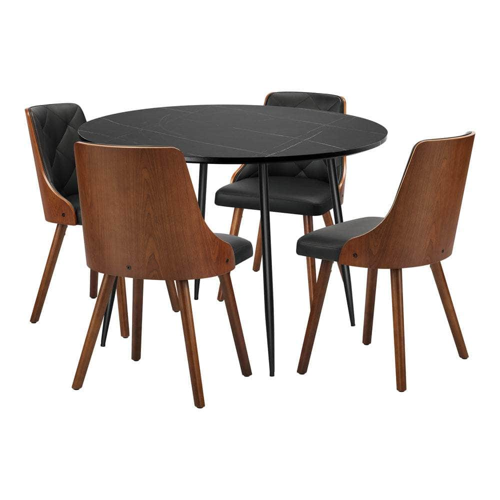 110cm Round Dining Table, 4 Chairs Leather Black/Linen Grey