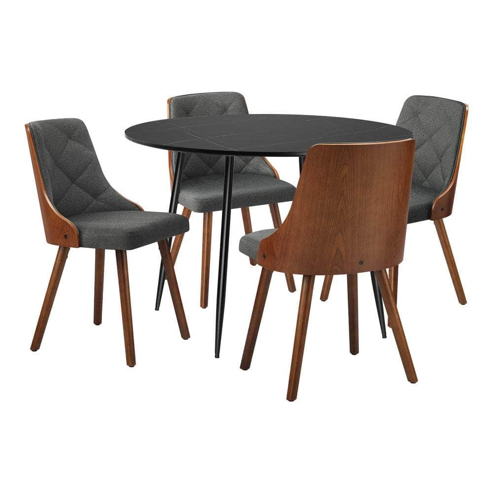 110cm Round Dining Table, 4 Chairs Leather Black/Linen Grey