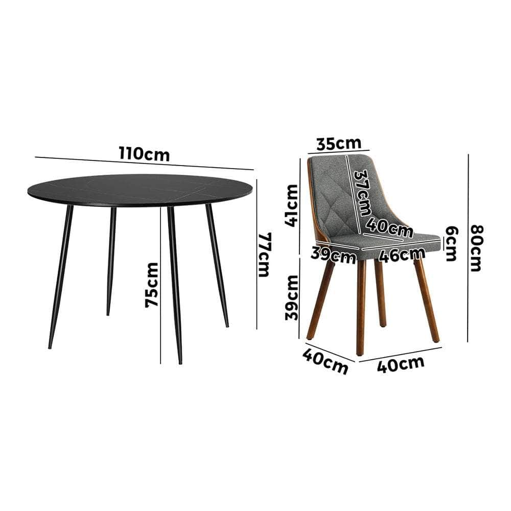 110cm Round Dining Table, 4 Chairs Leather Black/Linen Grey